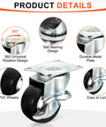 Rock Solid Universal One Inch Caster Wheels Set Of Eight Featuring Silky Smooth Ball Bearings For True 360 Degree Swivel Action In Matte Black, close-up of durable metal plate and PVC wheels.