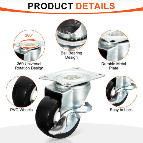 Rock Solid Universal One Inch Caster Wheels Set Of Eight Featuring Silky Smooth Ball Bearings For True 360 Degree Swivel Action In Matte Black, close-up of durable metal plate and PVC wheels.