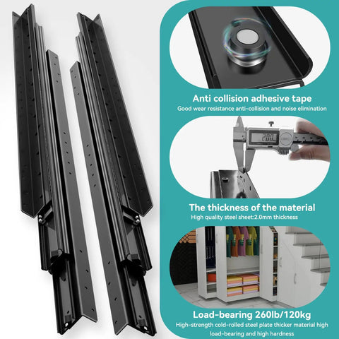 Beefy Undermount Drawer Slides 260 Lb Load Capacity 16 Inch 1 Pair Full Extension Ball Bearing Concealed Bottom Mount Rails Black Finish