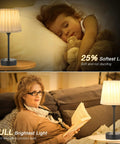 Two Pack Turquoise Bedside Lamps With USB C Port And AC Outlet Charging beside sleeping child and reading woman, soft and bright light