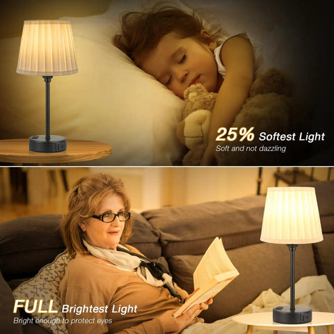 Two Pack Turquoise Bedside Lamps With USB C Port And AC Outlet Charging beside sleeping child and reading woman, soft and bright light