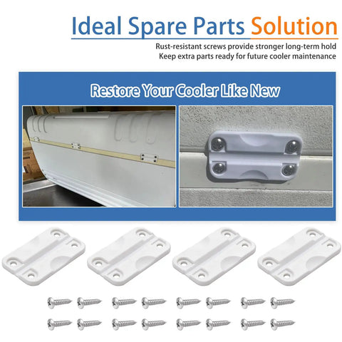 Cooler Hinge Replacement Kit With Screws For 50 To 165 Qt Coolers 4 Pack white plastic hinges and screws shown with installed cooler hinge