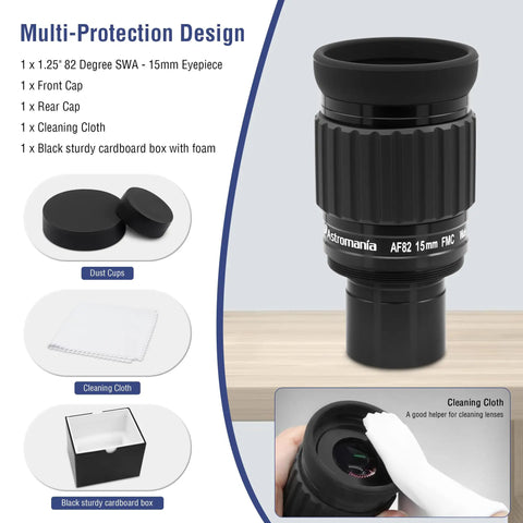 Image showing a 15mm Ultra Wide Angle Eyepiece for Telescopes One Point Two Five Inch 82 Degree Field of View Waterproof, with accessories.