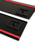 RANSOTO pillar trim door molding panels, black with red stripe, foam mounting blocks, two pieces (close-up view)