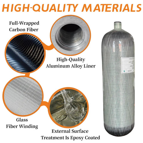 6.8L PCP Air Tank System For Paintball And HPA Scuba Gear, carbon fiber wrap, epoxy coated aluminum liner, M18x1.5 threads