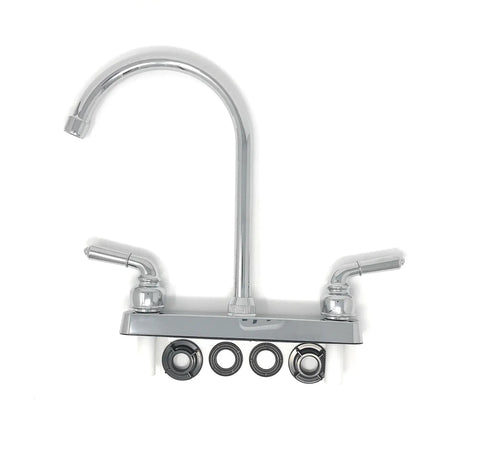 8 Inch Center Set Kitchen Faucet With Tall High Rise Spout Chrome POM Body And Stainless Steel Finish Two Handle Design ADA Compliant