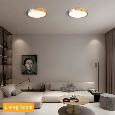 Living room with two Sleek Modern LED Ceiling Light Fixtures With Wood Style Flush Mount Circular Acrylic Lampshades