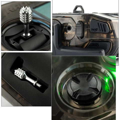 Close-up of Pocket Hall Gimbal Transmitter Remote Control For RC Drones And Models with joystick and control panel details.