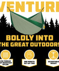 Portable Camping Hammock With Tree Straps Up To 400 Lbs Built For Outdoor Adventures Easy Setup In Seconds Lightweight Single Size Durable For Camping Hiking And Travel Sage Green Workhorse For Any Adventure, showing a hanging sage green hammock with forest backdrop and text overlay, features include nylon material and adjustable height.