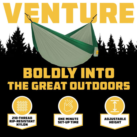 Portable Camping Hammock With Tree Straps Up To 400 Lbs Built For Outdoor Adventures Easy Setup In Seconds Lightweight Single Size Durable For Camping Hiking And Travel Sage Green Workhorse For Any Adventure, showing a hanging sage green hammock with forest backdrop and text overlay, features include nylon material and adjustable height.