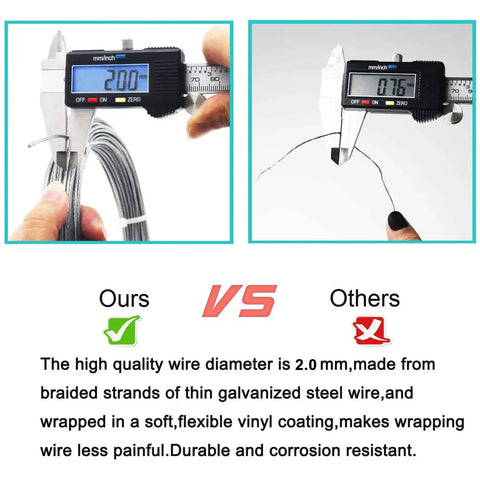 Heavy Duty Coated Picture Hanging Wire #6 50 Feet Braided Wire Holds Up To 60lbs, 2mm vs 0.76mm wire comparison