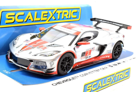 Chevrolet Corvette C8R Sebring 2021 1 To 32 Scale Analog Slot Car silver and red on display stand