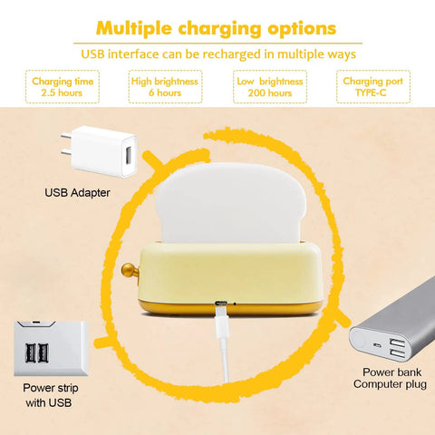 Toaster Shaped LED Table Lamp with USB charger, power bank, and adapter options for kids' room use, cozy ambient glow, 800mAh battery