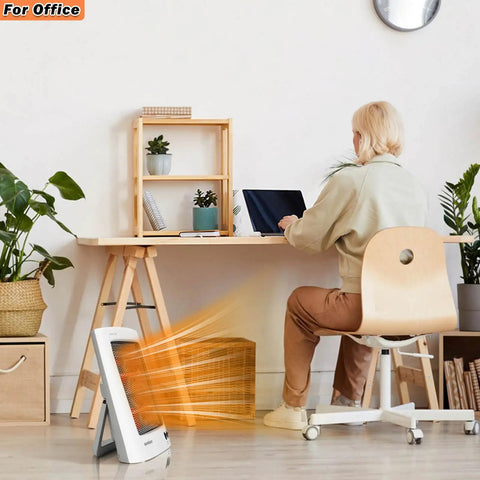 Portable Infrared Space Heater With Quartz Heating Element for office use, warming a person seated at a desk, ETL listed safety features