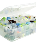 Open Go To Double Sided Thread Organizer Carrier In Natural Color for sewing and craft storage, showcasing spools and threads inside.