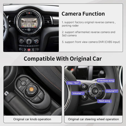 Interior view showcasing Wireless CarPlay Android Auto Retrofit Kit For BMW Mini Cooper NBT System 2014 To 2018 with control details.