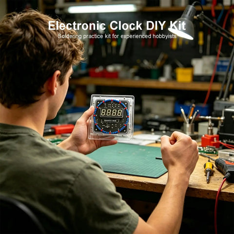 Person holding 60s Clock DIY Kit for Soldering Practice, Digital Clock With Transparent Case, on workbench.