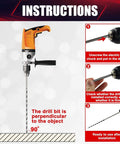 wesleydrill 7-pc extra-long brad-point drill bit set; 12in carbon steel bits installed in orange handheld drill