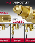 ARCCAPTAIN brass gas regulator front view with CGA320/CGA580 inlets for Argon/CO2/Helium welding
