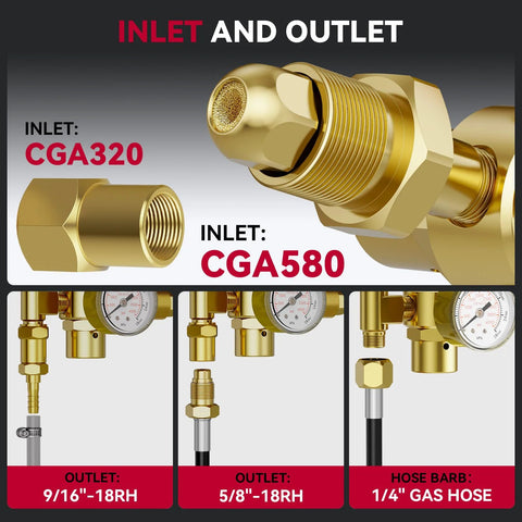 ARCCAPTAIN brass gas regulator front view with CGA320/CGA580 inlets for Argon/CO2/Helium welding