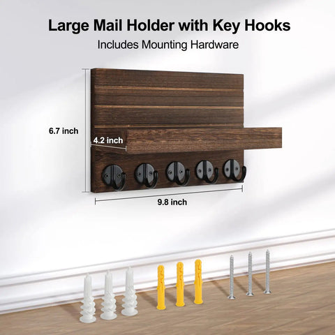 Wall Mounted Key And Mail Organizer With Shelf And Large Hooks For Keys Bags Coats And Leashes Keeps Your Essentials In One Spot Paulownia Wood Key Hanger With Mounting Hardware Brown Finish Durable Entryway Organizer.