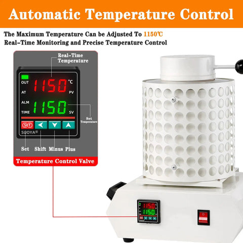 Digital Temperature Controlled Gold Smelting Furnace Kit With Graphite Crucible And Crucible Tongs For Melting Scrap Metal Gold Aluminum 2Kg Beginner Friendly No Fuss Easy LED Display For Precise Temperature Control, showcasing LED display and control panel.