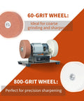 Top Notch Mini Bench Grinder With Dual Ceramic Wheels For Razor Edge Shaving And Heavy Duty Metal Or Wood Carving Solid Steel Base with 60 and 800 grit wheels.