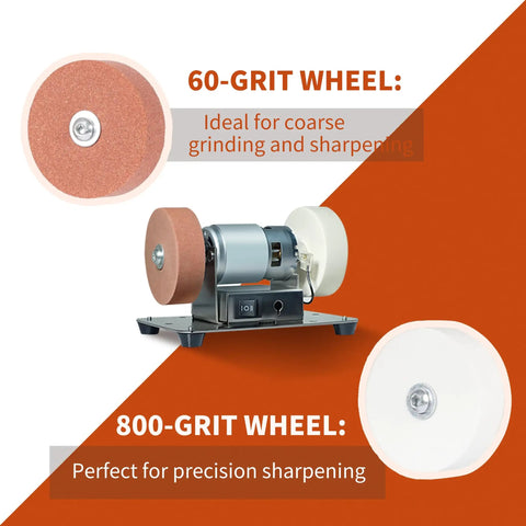 Top Notch Mini Bench Grinder With Dual Ceramic Wheels For Razor Edge Shaving And Heavy Duty Metal Or Wood Carving Solid Steel Base with 60 and 800 grit wheels.