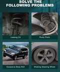 Images showing car suspension issues: leaking oil, rusty parts, excessive body roll, shaking steering wheel.