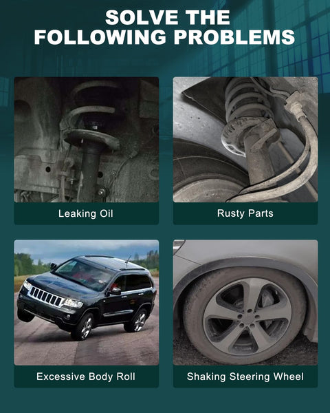 Images showing car suspension issues: leaking oil, rusty parts, excessive body roll, shaking steering wheel.
