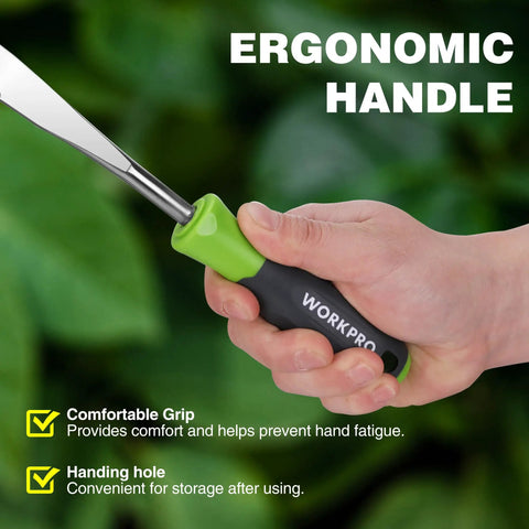 Hand holding Crack Weeder 12 Inch Stainless Steel Crevice Tool with soft grip handle, close-up on ergonomic design