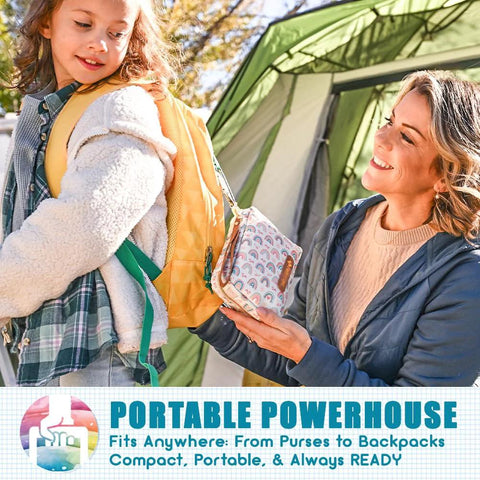 EVERLIT Care Rescue Pack first aid kit with rainbow-patterned pouch handed to child outdoors near a camping tent.