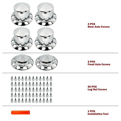 Image of Semi Truck Axle Cover Kit With Lug Nut Covers And Wheel Covers For Front And Rear 33mm Thread On 10 Hole Caps Universal Fit For Most 10 Hole Wheels ABS Chrome Plastic With Installation Tool Included, showing 6 axle covers, 60 lug nut covers, and installation tool.