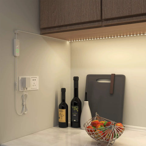 Under Cabinet LED Lighting Kit With Sixteen Point Four Foot Dimmable Tape Light 1050 Lumen Super Bright Warm White 3000K installed in kitchen