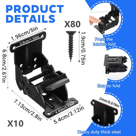 Heavy Duty Folding Brackets With Screws For Tables Beds Cabinets And Workbenches 10 Pack showing dimensions and details.