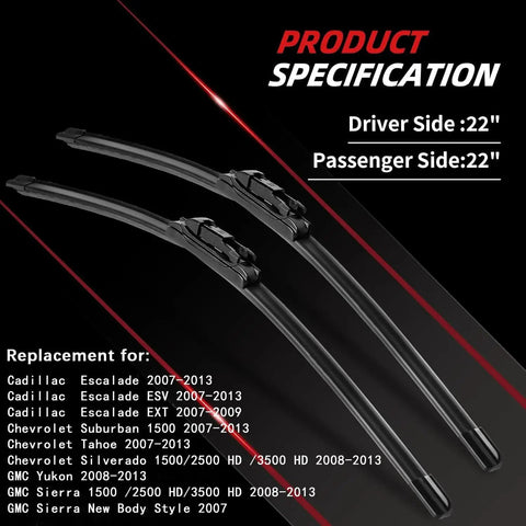 Heavy Duty Windshield Wiper Blades For 2007 To 2013 Chevy Silverado Tahoe Suburban GMC Sierra Yukon Cadillac Escalade 22 inch set