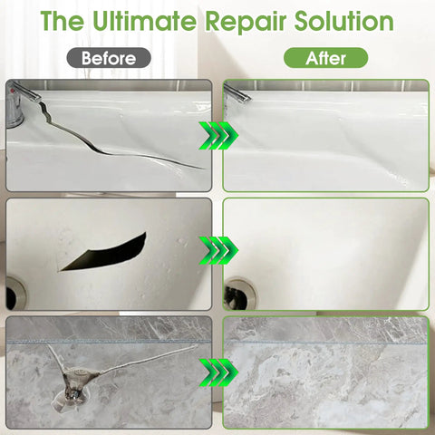Before and after image showing Multi Surface Bathtub Repair Kit White for Tubs, Showers, Tiles, Sinks countertop repairs on porcelain, enamel, acrylic, granite, ceramic, quartz surfaces.