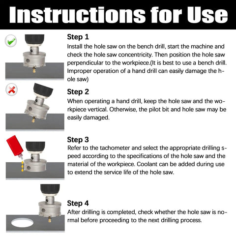Instructions for using the 10 Piece Carbide Hole Saw Kit Heavy Duty Set 5/8 Inch To 2 Inch With Pilot Drill for Metalworking.