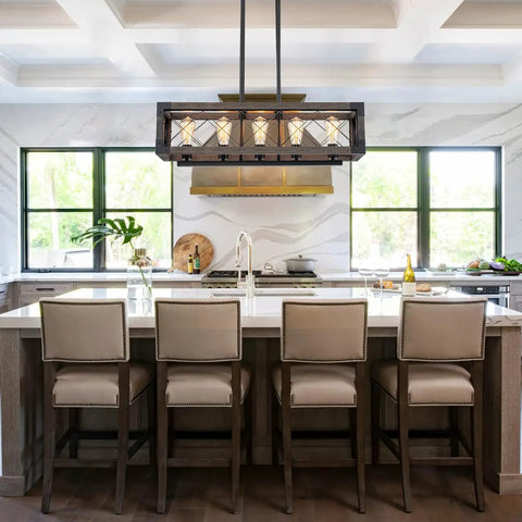 Slick Modern Rectangle Chandelier For Kitchen Island Lighting hangs over a dining table in a modern kitchen setting. UL Listed.