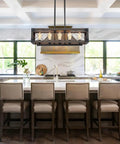Modern Black Linear Pendant Light Four Light Fixture With Industrial Geometric Open Rectangle Frame And Antique Brass Sockets
