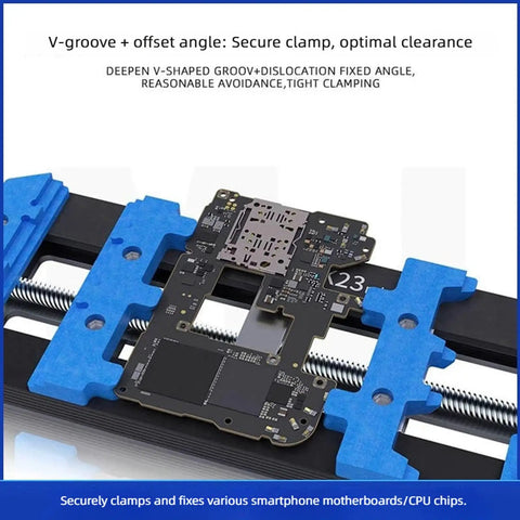 Pro Grade Circuit Board Repair Fixture Board Holder Clamp For Soldering And Tech Maintenance with V grooves and angles.