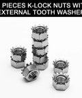 50 pieces K-Lock Nuts With External Tooth Washer arranged in stacks on white background