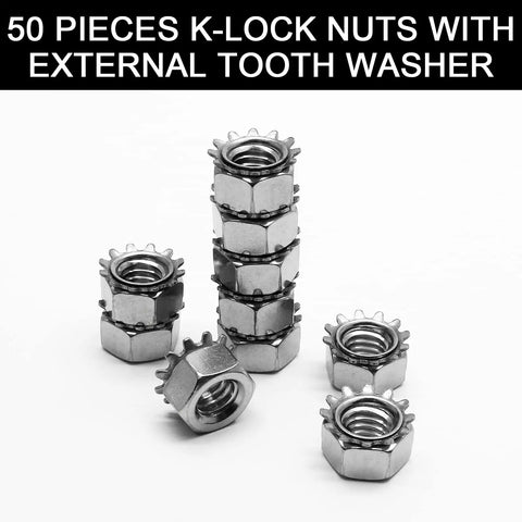 50 pieces K-Lock Nuts With External Tooth Washer arranged in stacks on white background