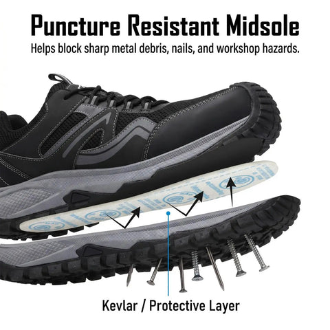 Steel Toe Work Shoes For Men With Kevlar Midsole All Day Comfort Lightweight Puncture Resistant Safety Shoes sole view showing protection.