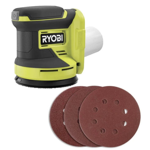 Cordless Power Sander Accessory Bundle For 18V Ryobi with 5 Inch Random Orbit Sander and sanding discs displayed
