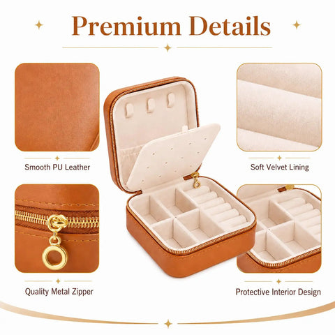 Super Chic Travel Jewelry Box With Waterproof PU Leather Exterior And Soft Flannel Interior Removable Dividers showing smooth leather and velvet lining.