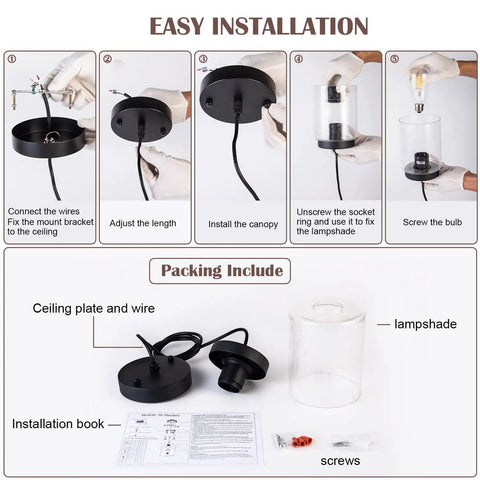 Installation steps for Industrial Mini Pendant Light Set With Bubble Seeded Glass Hanging Light Fixture For Kitchen Island Over Sink And Dining Room, Black Finish, 3-Pack Bundle.