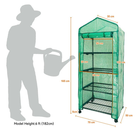 4 Tier Portable Greenhouse Kit With Casters And Roll Up Zipper PE Cover For Indoor Outdoor Seedlings And Plants, No Fuss Setup, Water Resistant UV Protected Thick Poly For Heat Retention, Measures 27.6 L By 19.7 W By 65 H Inches Green, size comparison to person