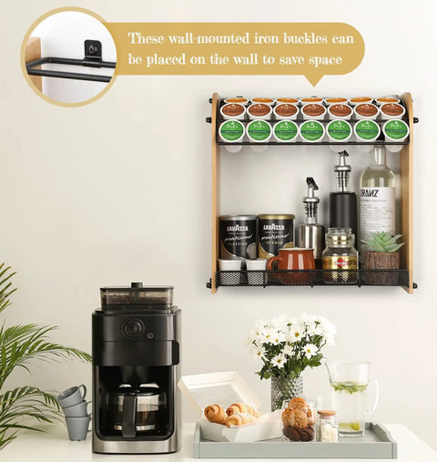 Large Capacity K Cup Holder And Coffee Pod Organizer In Natural Bamboo, wall-mounted in kitchen with coffee maker below