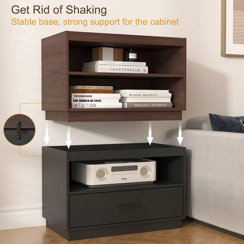 Stackable Storage Drawers 28 Inch Wide Bins With Drawers And Compartments Built From Engineered Wood With A Sleek Metal Handle Modern Large Storage Units For Living Room Hallway Black, installed with books on top shelves